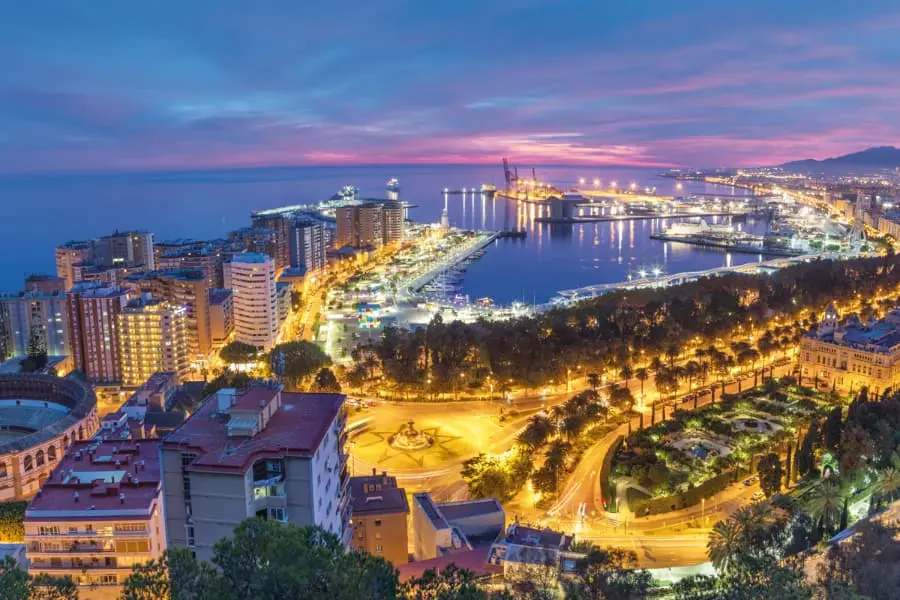 panoramic view of malaga from gibralfaro at night