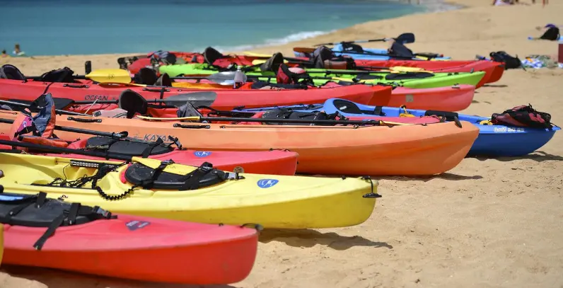 Kayaks de colores juntos unos a otros en la orilla de una playa